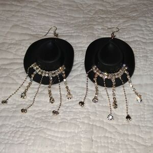 Elegant Black and Silver Dangle Cowgirl Hat Earrings